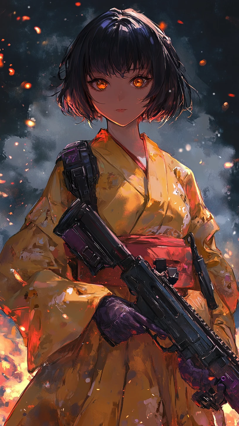 Anime girl in flame colored outfit with yellow eyes