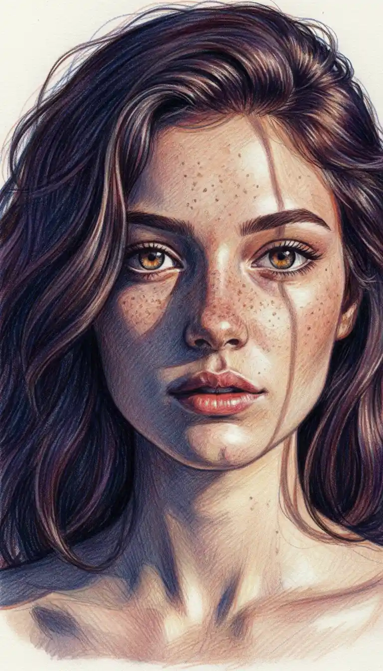 Close up color pencil portrait of freckled girl