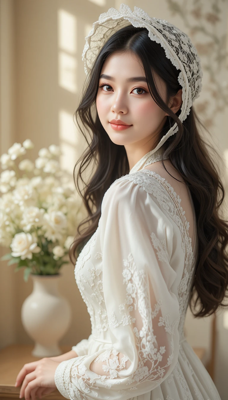 Young woman in white lace bonnet with soft warm light
