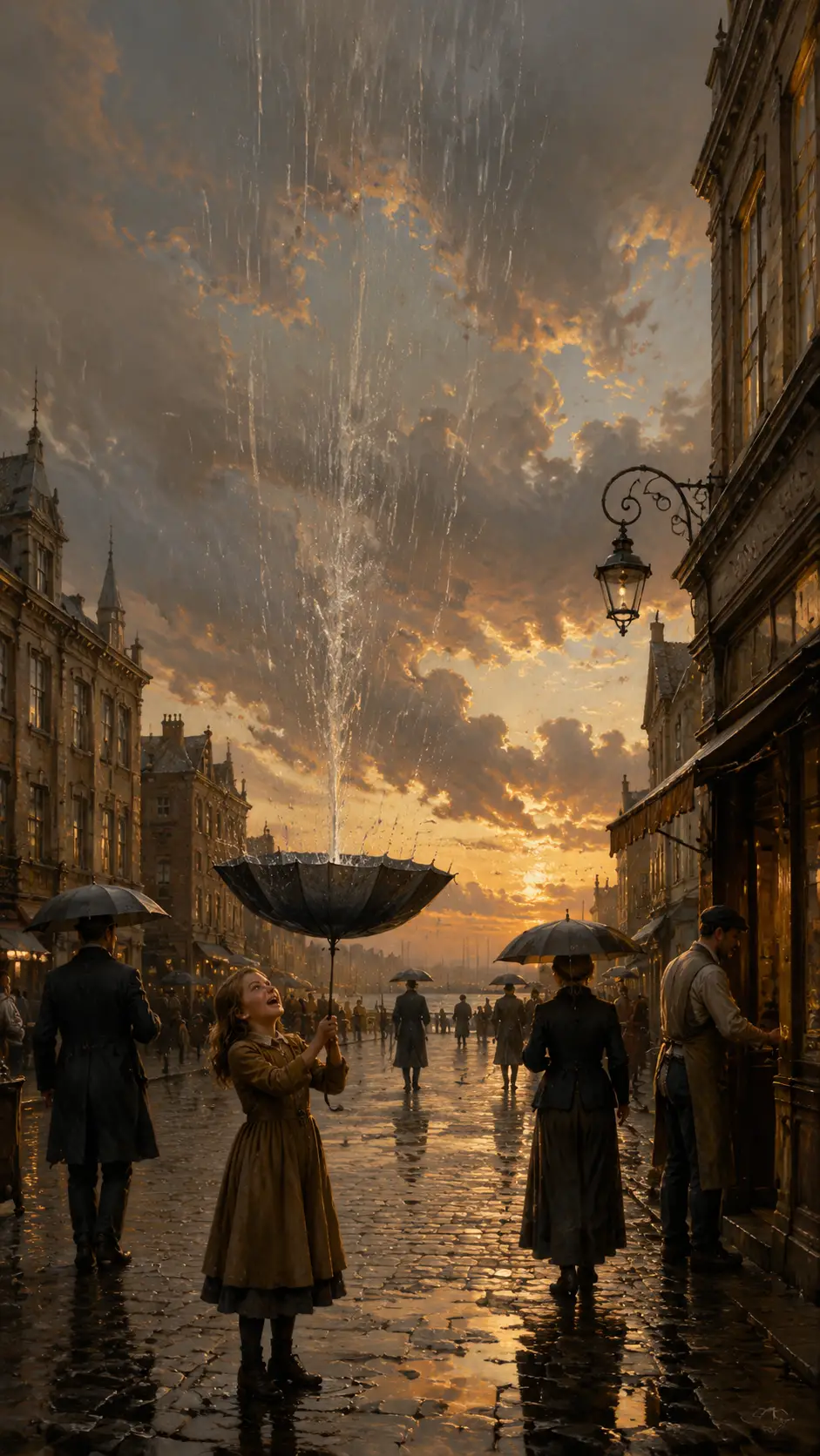 Old city street in gentle rain with rising raindrops