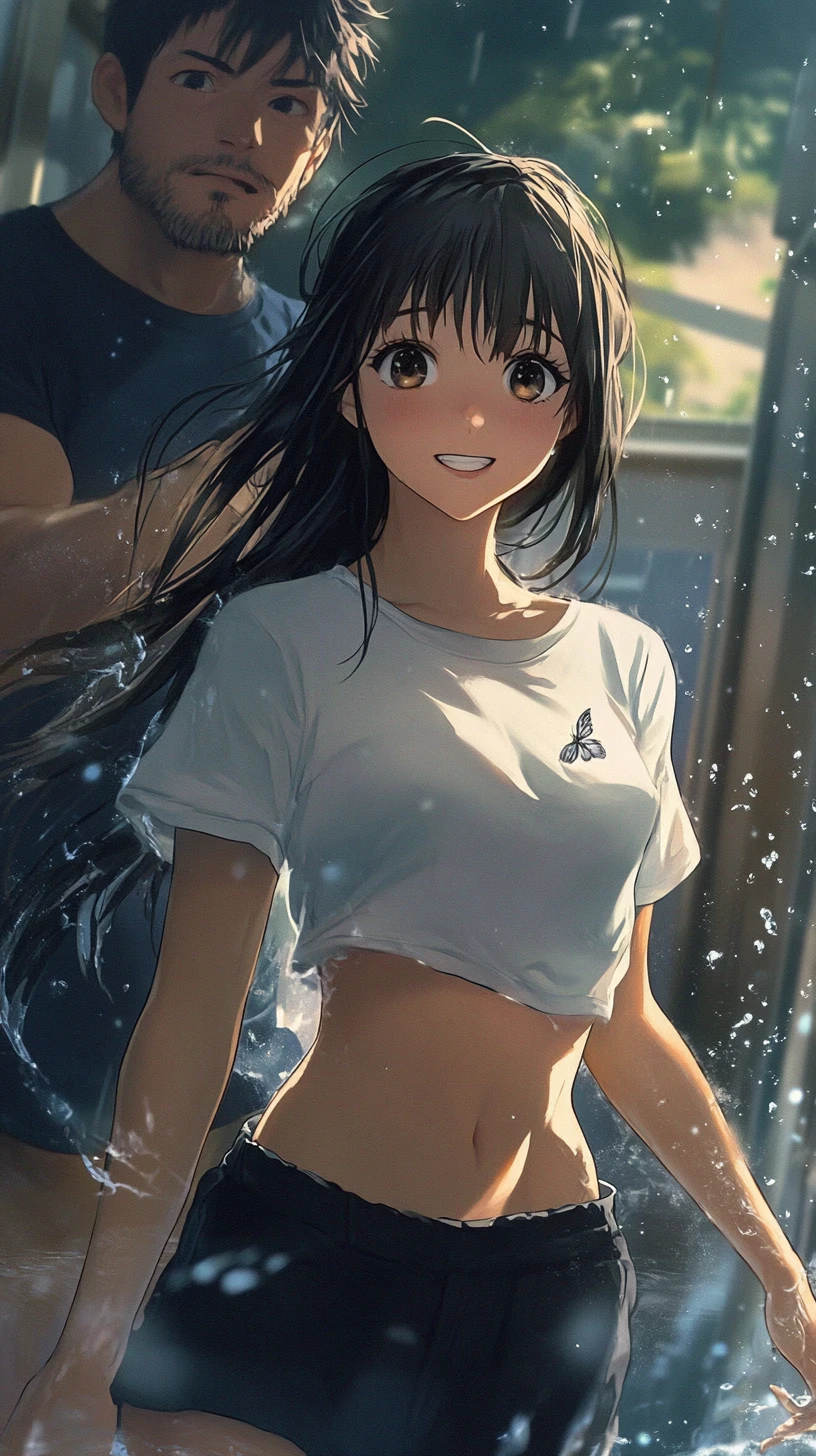 Joyful anime girl dancing in warm summer night rain