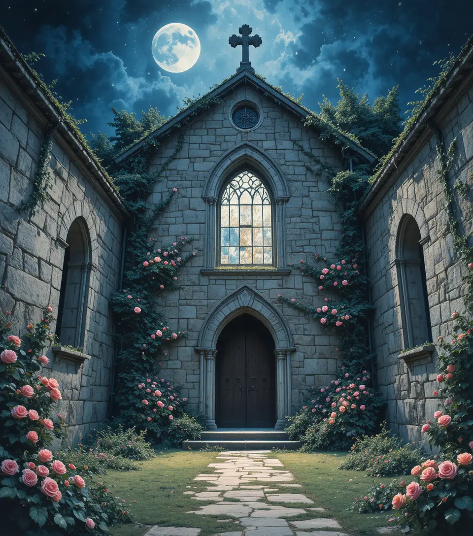 Abandoned romantic chapel glowing softly in silver moonlight