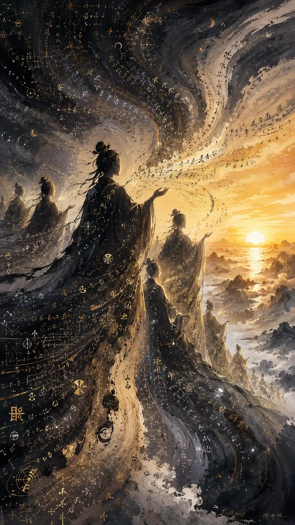 Ethereal choir of silent beings beneath flowing ink sky