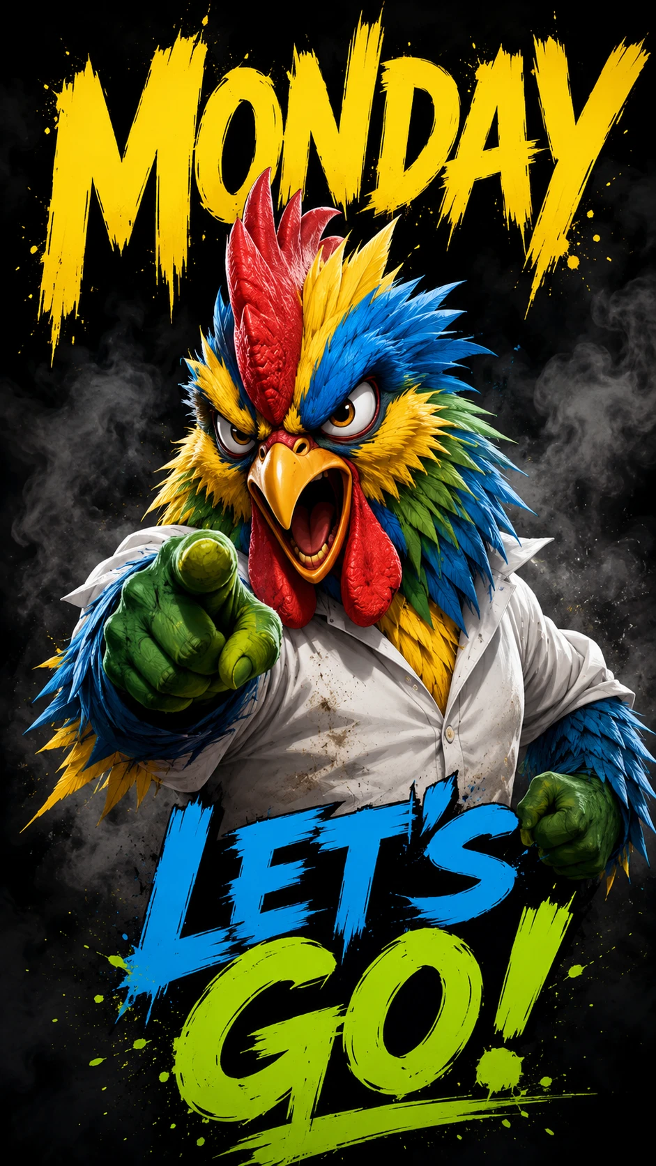 Angry cartoon chicken in a white shirt on dark background