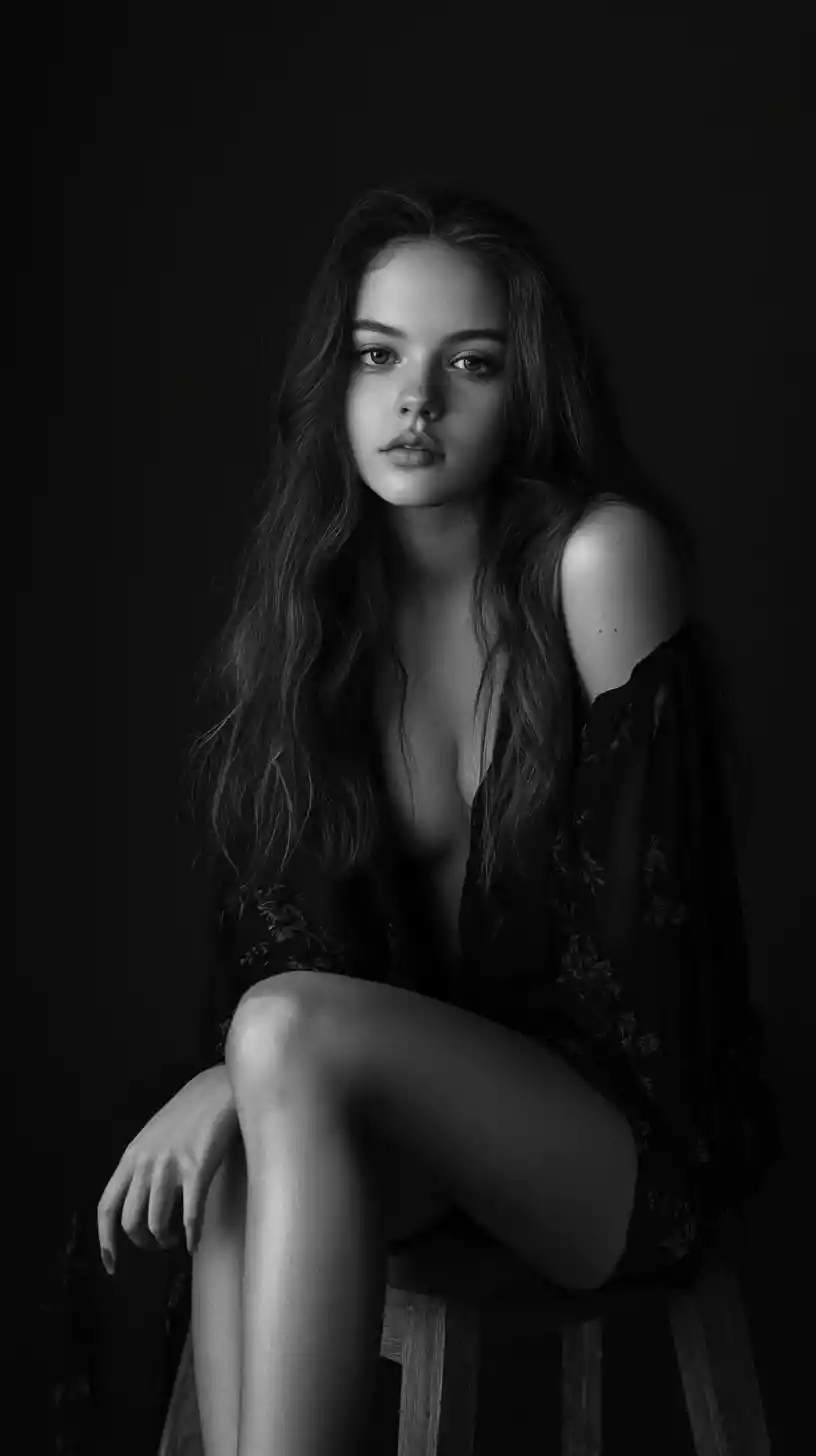 Dramatic studio portrait of woman on wooden stool
