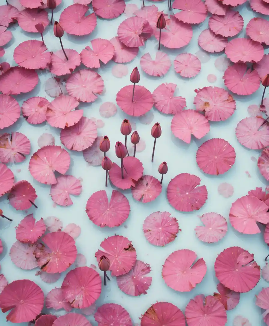 Overhead view of pink lily pads covering a white pond