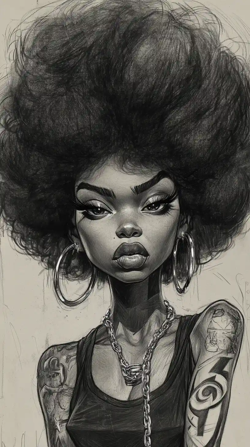 Stylized charcoal portrait of woman with massive curly afro