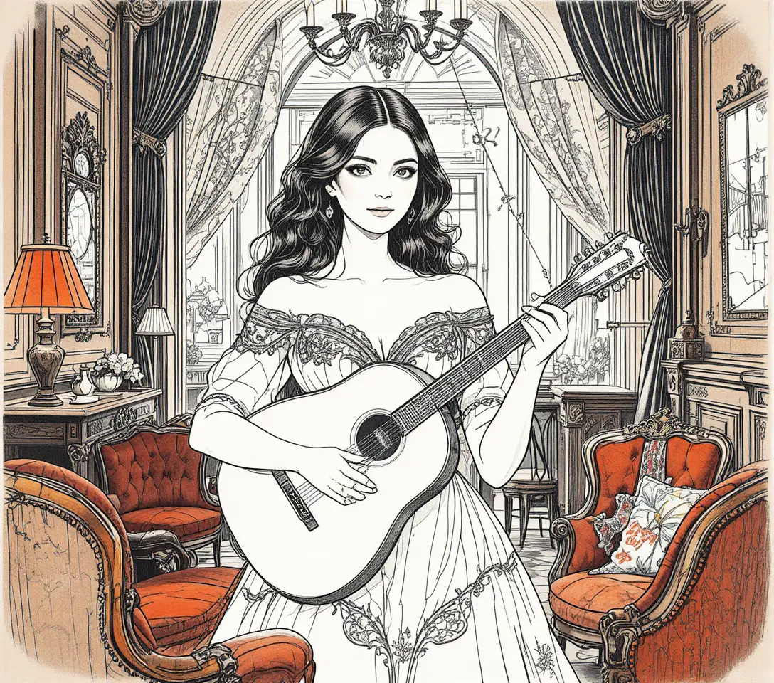 Creole courtesan with mandolin in ornate New Orleans salon