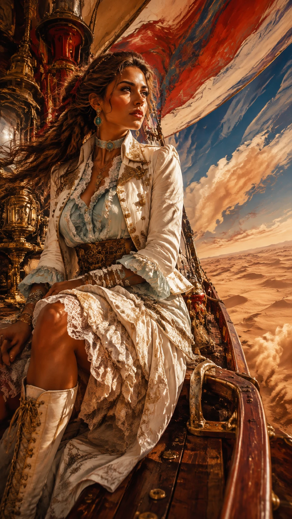 Brazilian woman on a flying steampunk caravan above desert