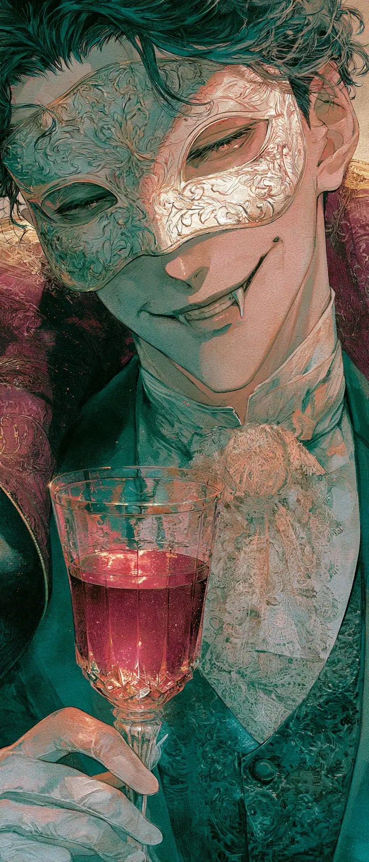 Elegant masked vampire with crystal goblet in anime style