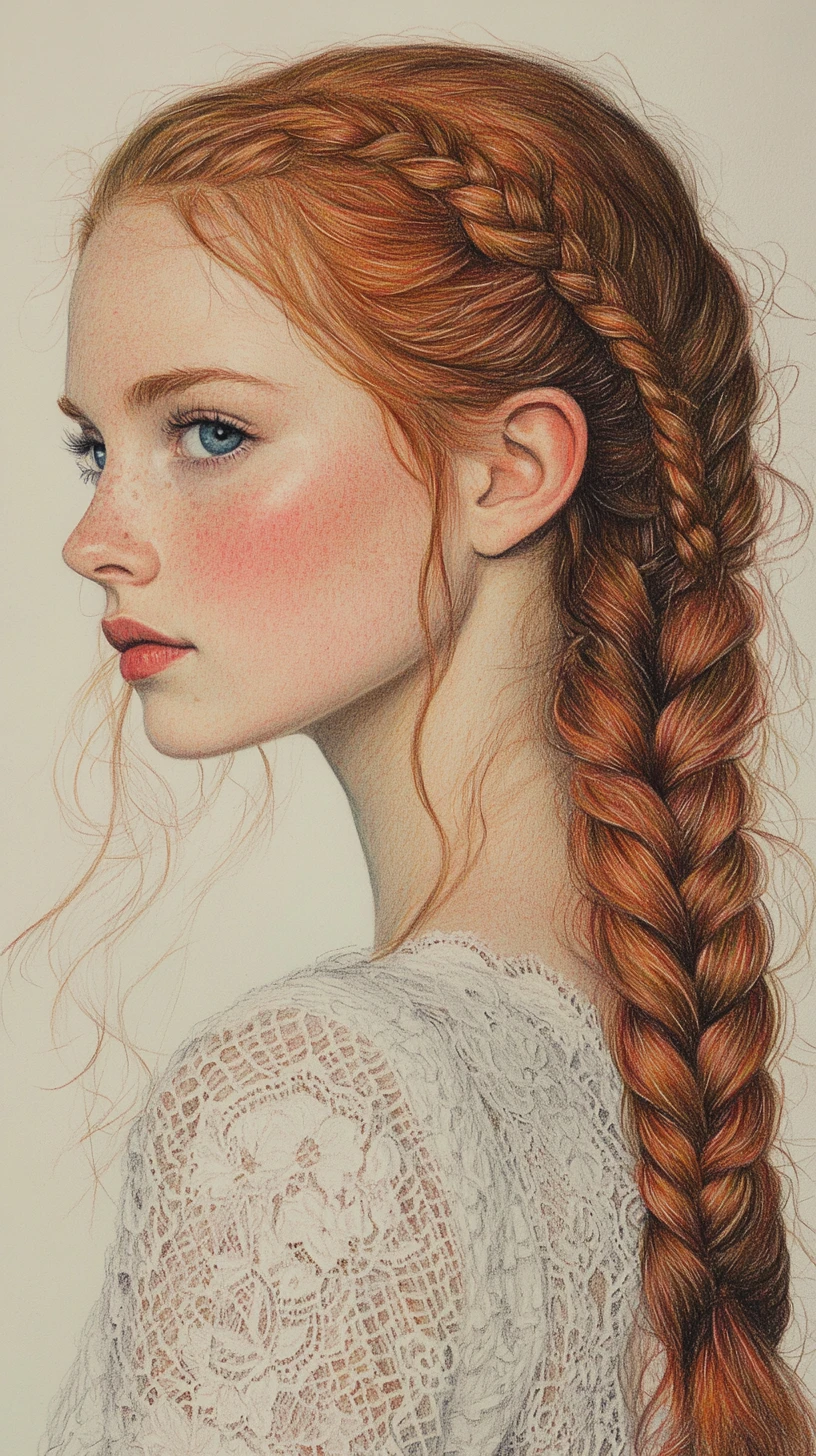 Red haired girl in white lace dress pencil portrait