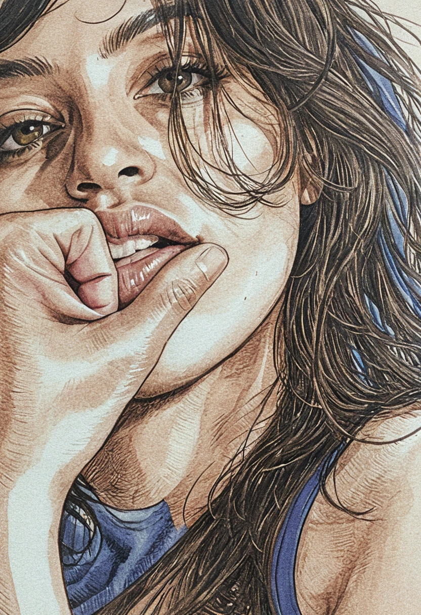 Pensive woman in extreme close up touching her lower lip