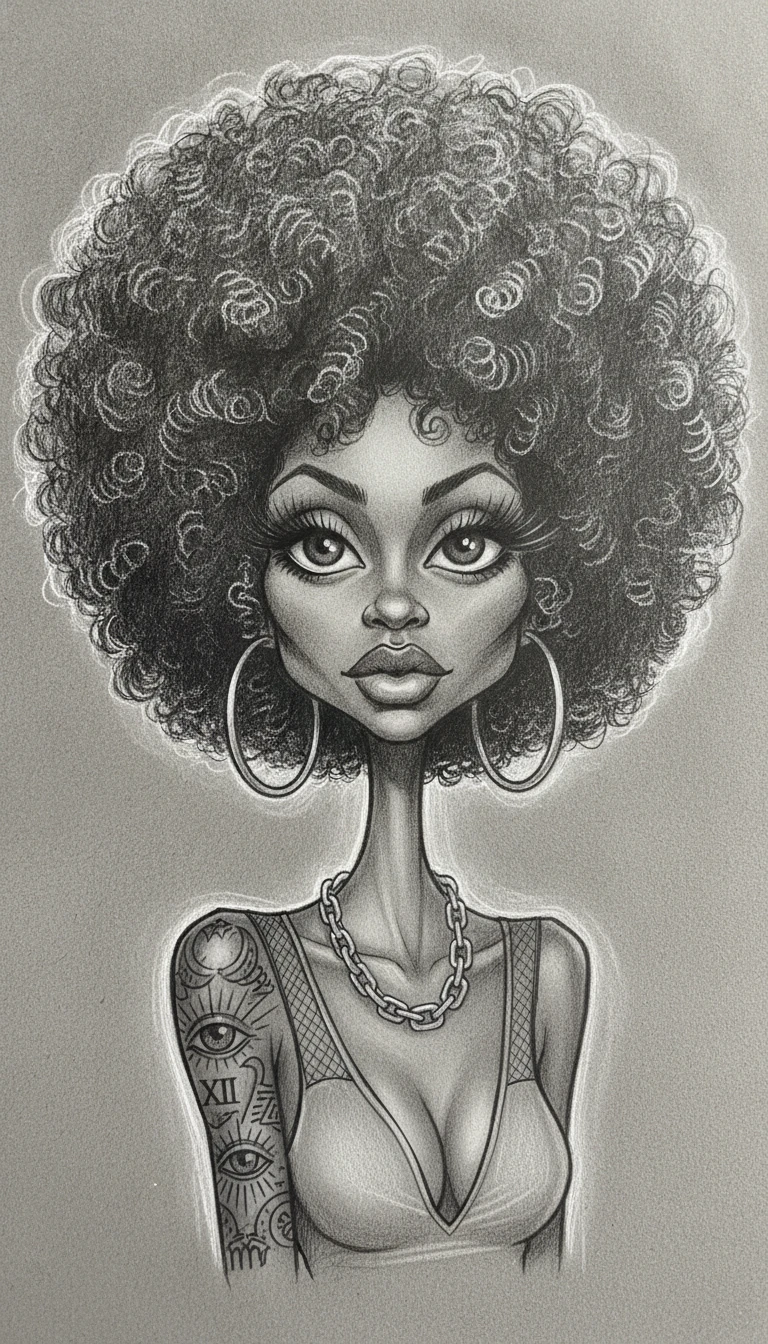 Stylized graphite portrait of woman with massive curly afro