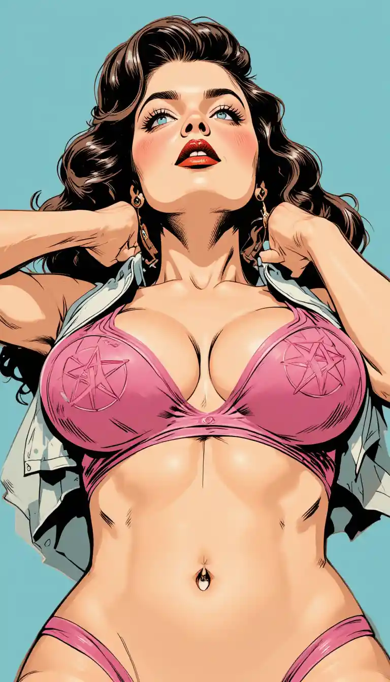 Ritratto a fumetti in basso angolo di una donna glamour in stile pin-up