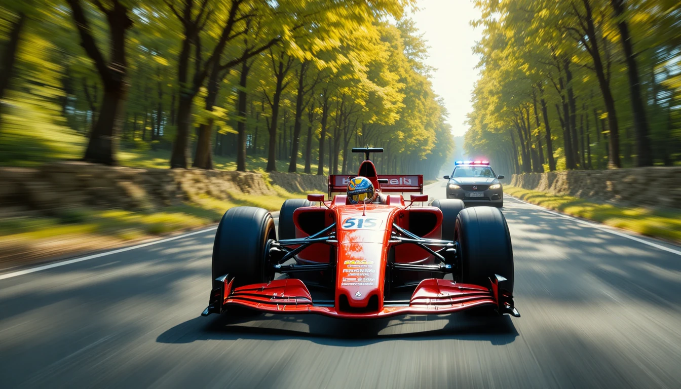 Red formula race car chased by police on sunny road