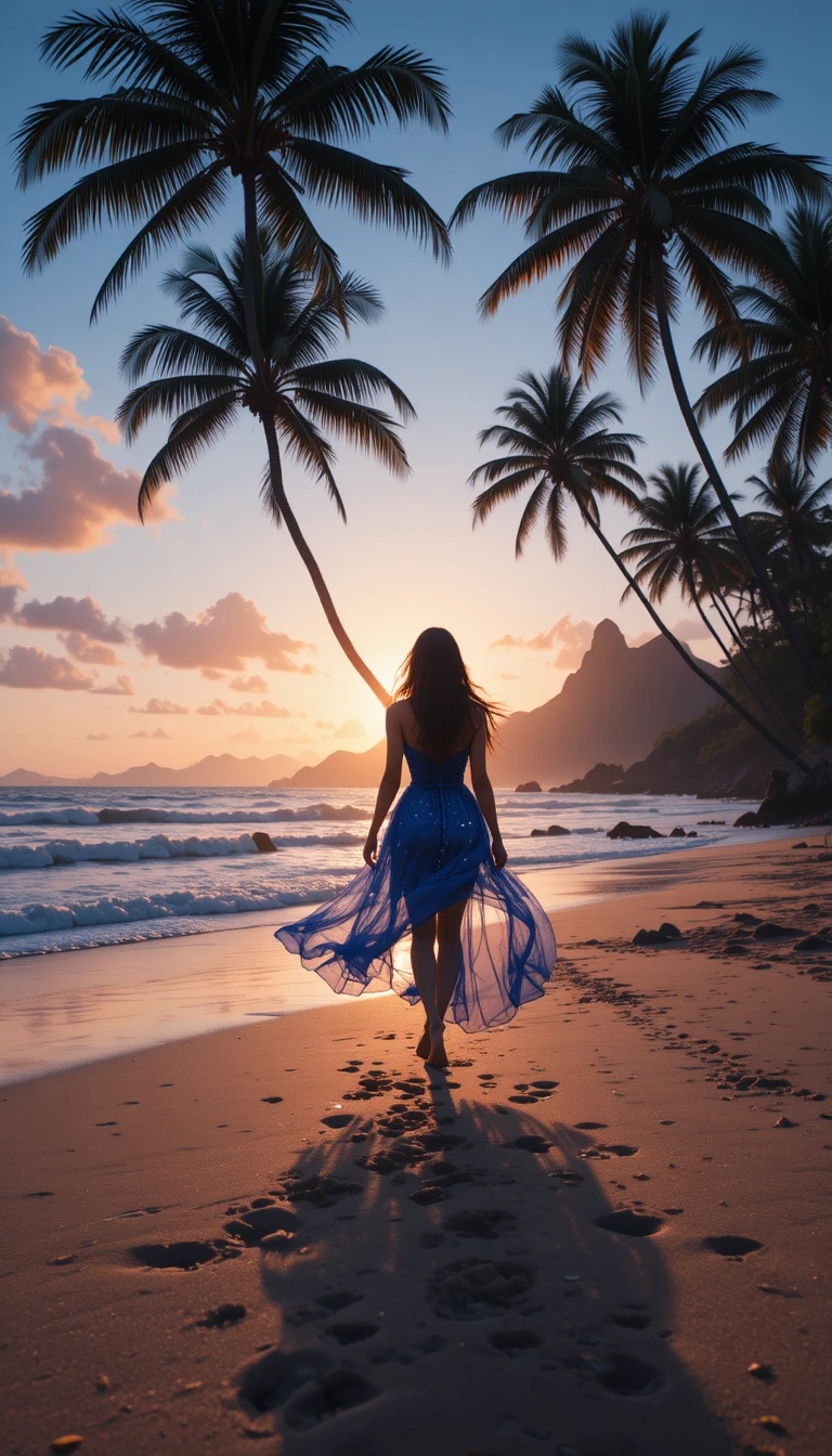 Donna a piedi nudi che cammina su una spiaggia illuminata dal tramonto