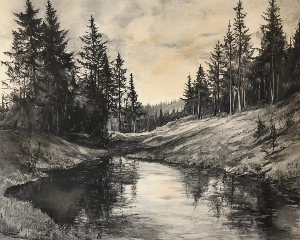 Charcoal landscape of rolling hills and tranquil forest stream