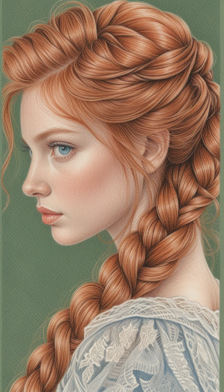 Red haired girl in lace dress colored pencil portrait