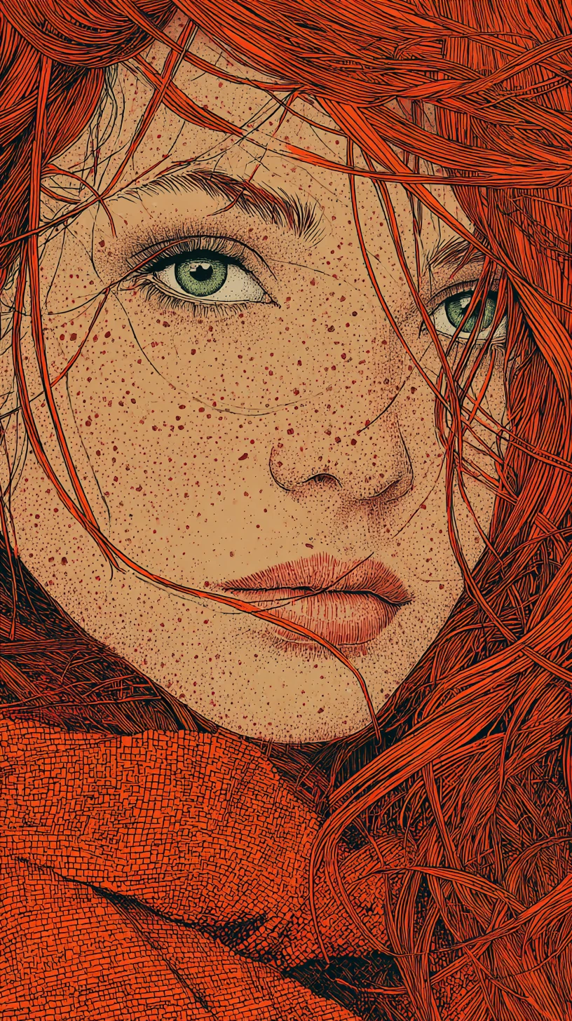 Ink portrait of freckled woman with flowing red hair