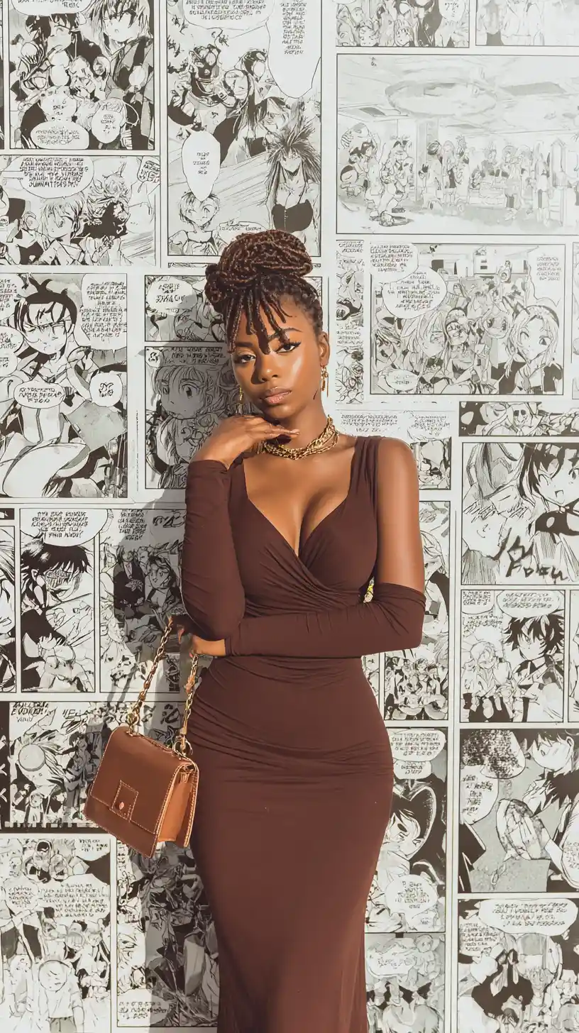 Elegante Schwarze Frau im braunen Kleid – Manga-Porträt