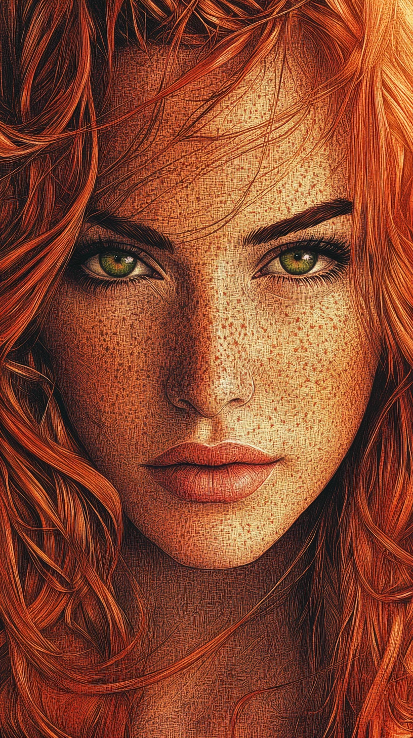 Ink portrait of freckled woman with windswept red hair