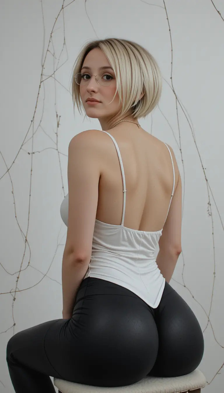 Young woman in glasses arching back on chair in studio