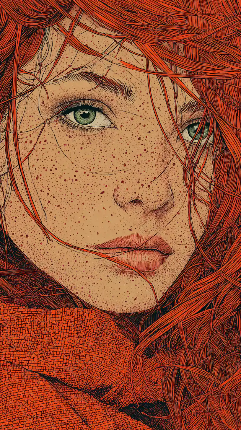 Ink portrait of freckled woman with flowing red hair