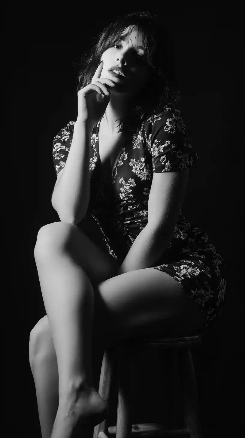 Black and white studio portrait of a young intense woman