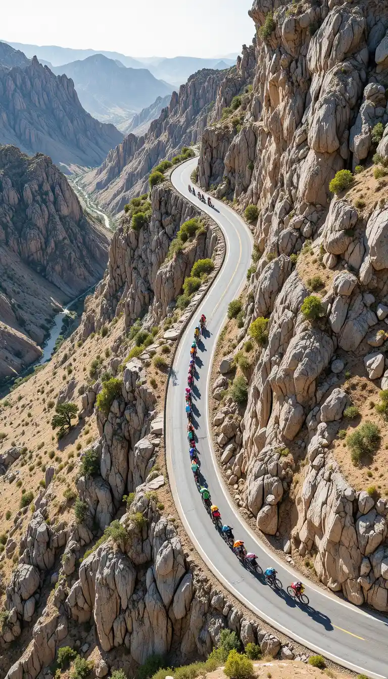 Cyclists Climb A Winding Mountain Road From Aerial View