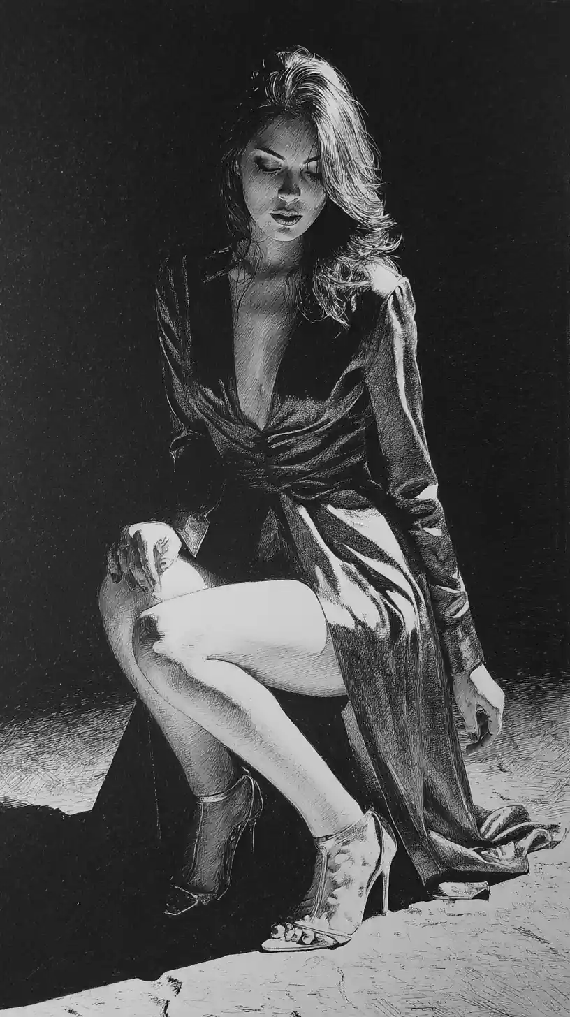 Elegant woman crouching in chiaroscuro graphite night scene