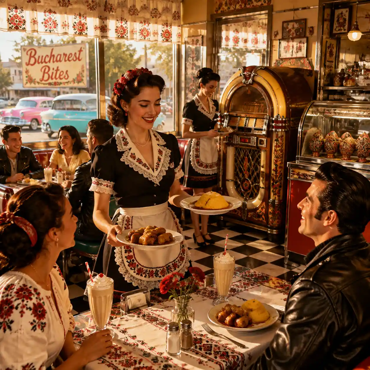 Vintage Romanian American diner with jukebox and sunlight