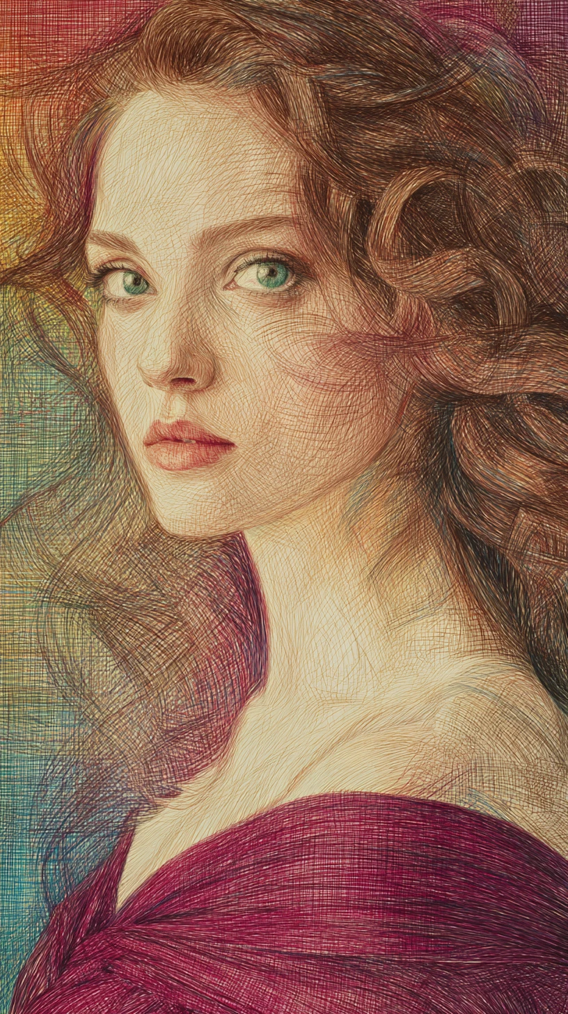 Colored pencil portrait of a woman with emerald green eyes
