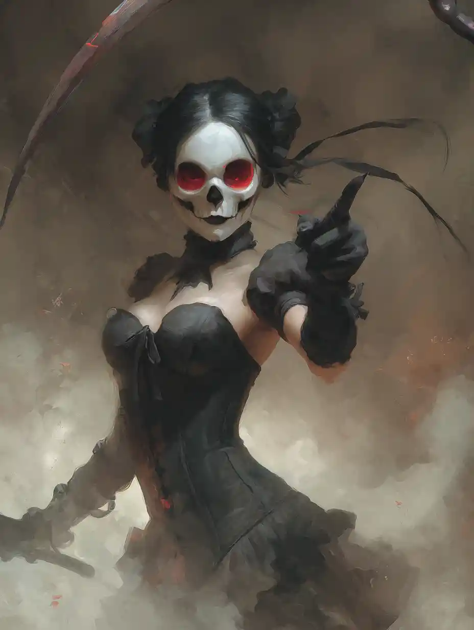 Skeletal death woman pointing with scythe in dark mist