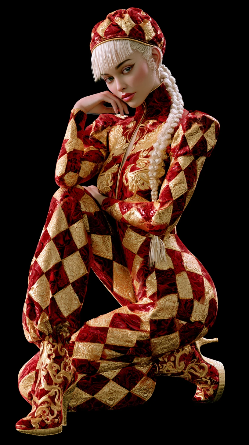 Donna fashion in couture arlecchino rosso e oro in posa a figura intera