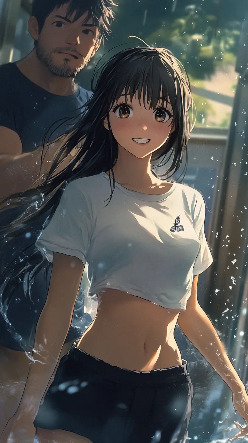 Joyful anime girl dancing in warm summer night rain