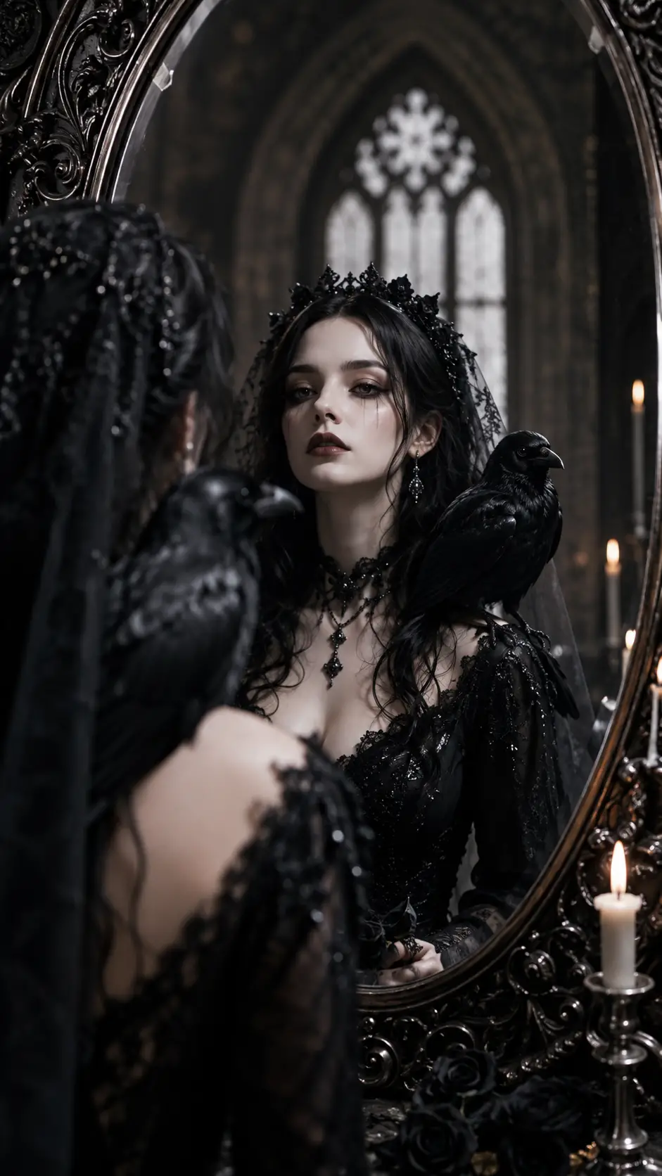 Gothic bride reflected in a mirror with a raven companion
