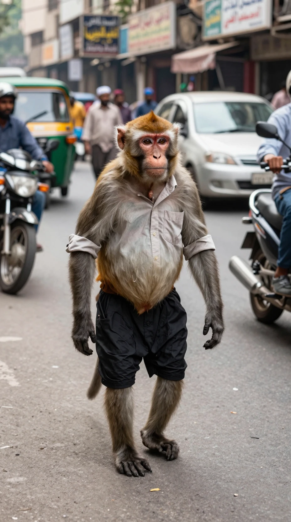Monkey Walking Upright On A Busy Karachi City Street