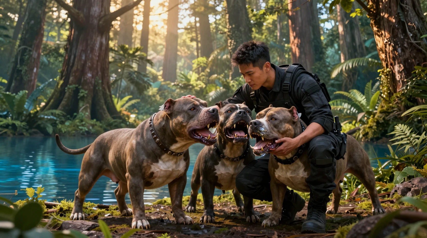 Man with mutated pit bulls by a lake in forest
