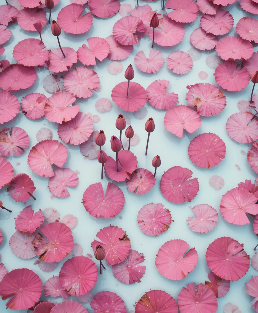 Overhead view of pink lily pads covering a white pond