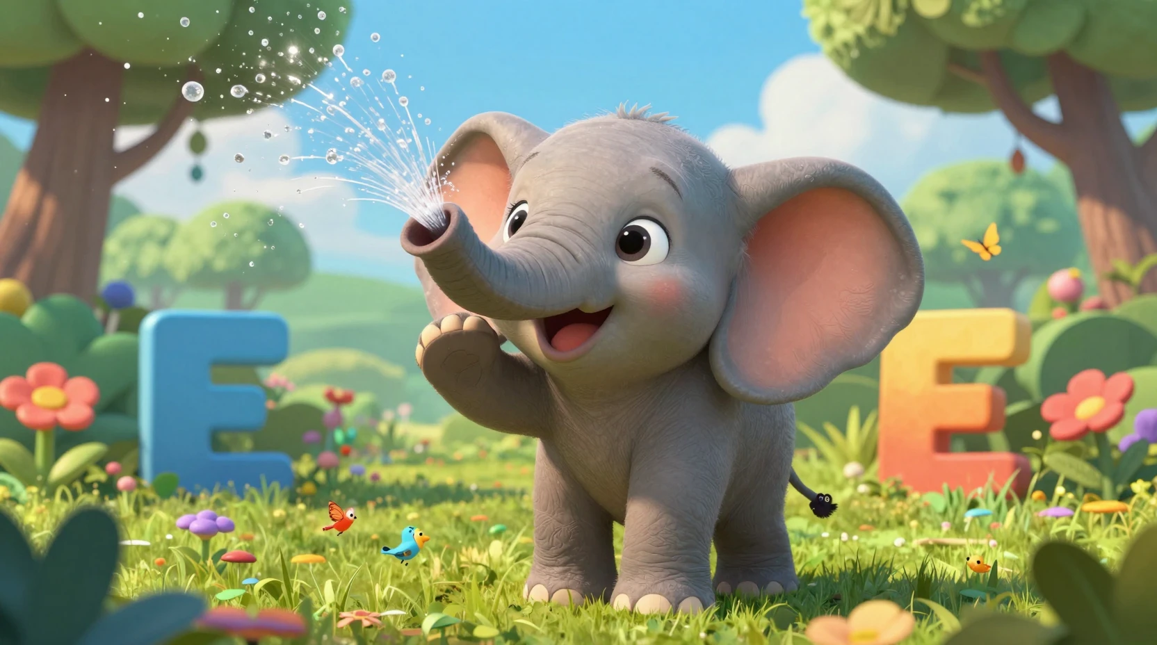 Cute baby elephant spraying water in a colorful jungle