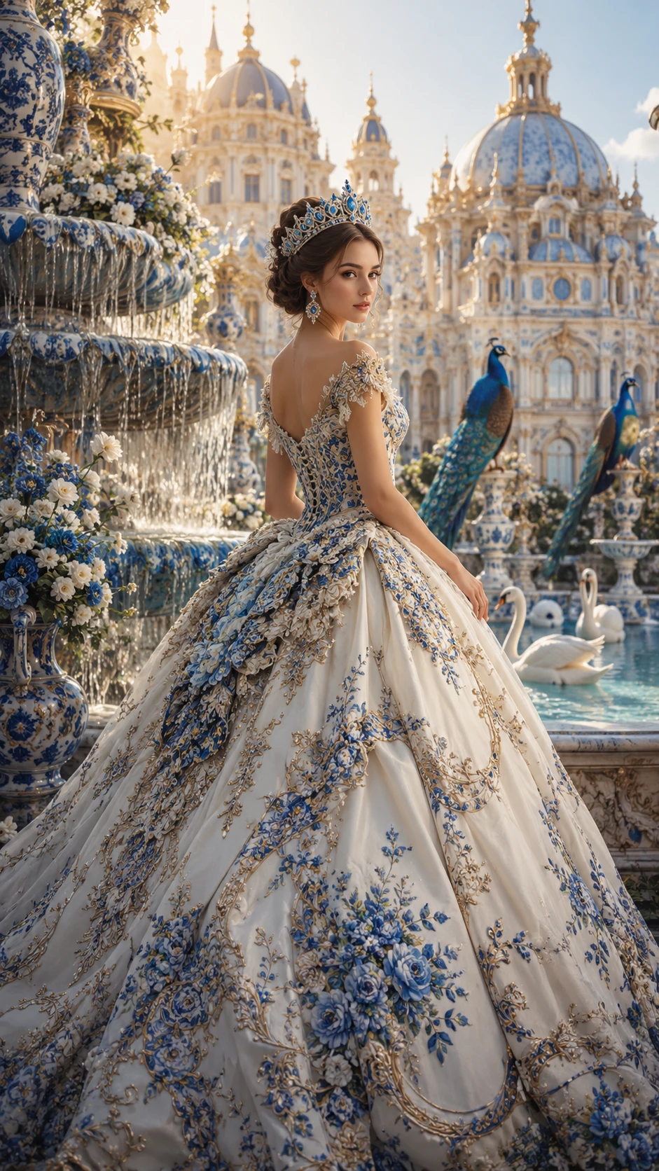 Elegant fantasy princess by a crystal palace fountain