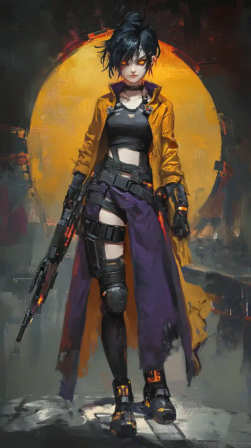 Anime girl in flaming outfit with yellow eyes