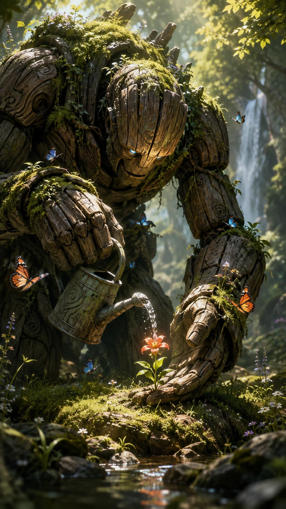 Wooden golem watering a wildflower in a quiet forest glade
