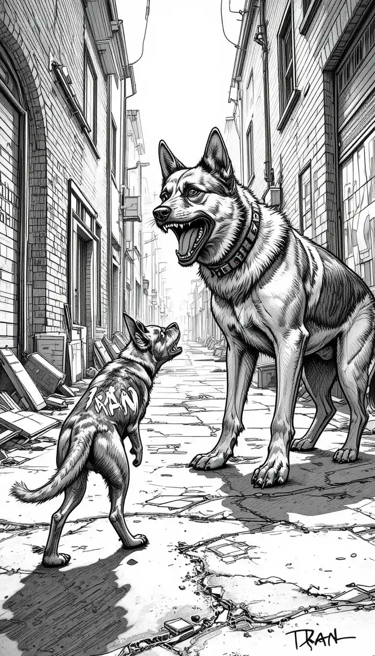 Snarling terrier confronts cowering german shepherd in alley