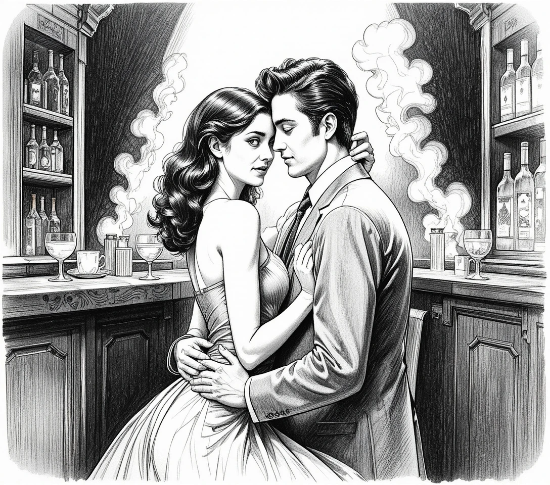 Young couple embracing in a smoky intimate bar corner