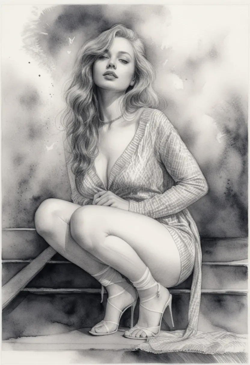 Elegant woman crouching in a short dress at night