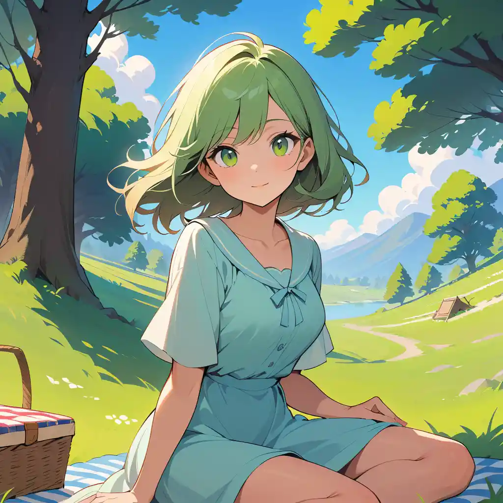 Young woman relaxing on a grassy hillside picnic