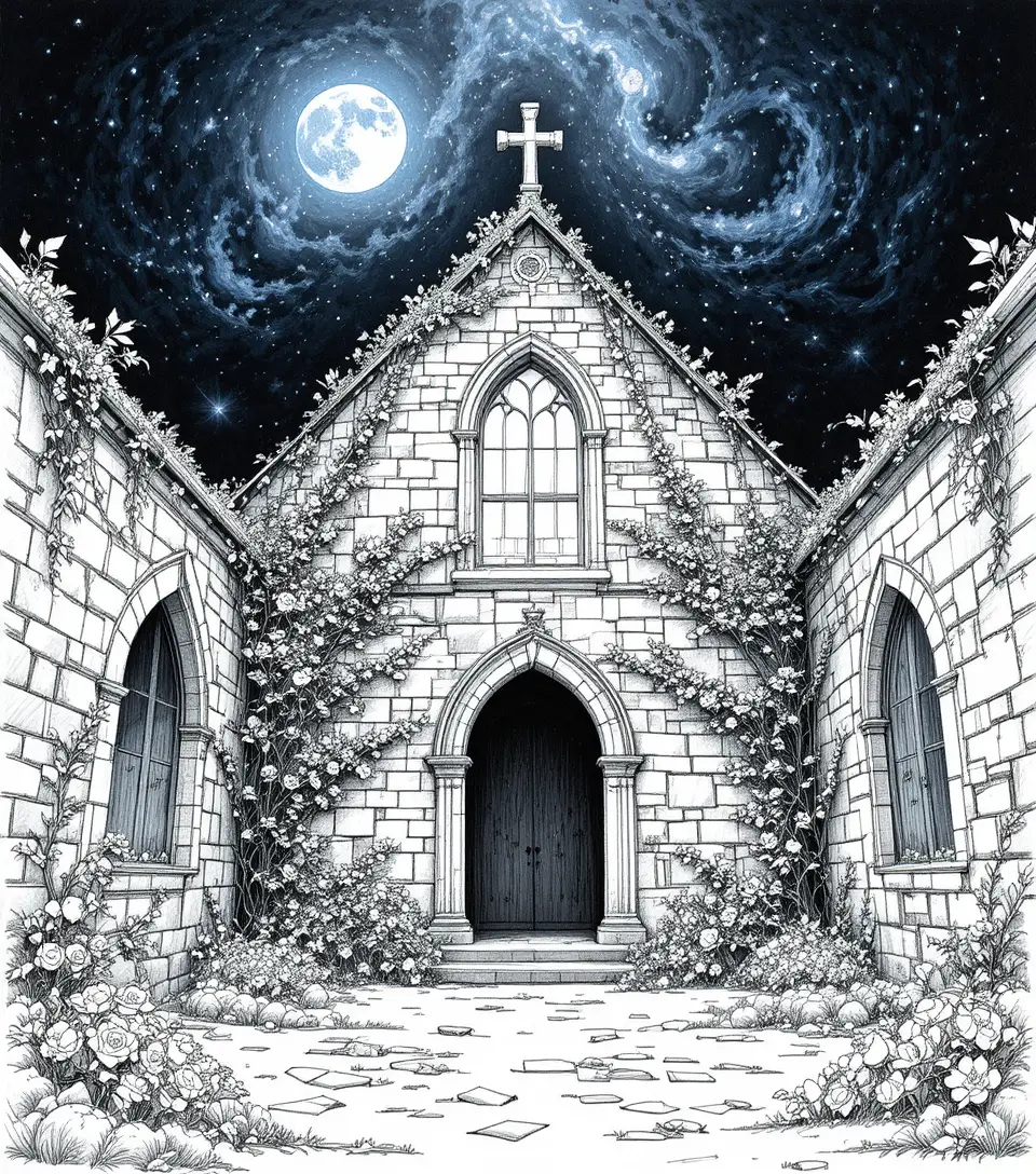 Abandoned moonlit chapel interior in romantic surreal style