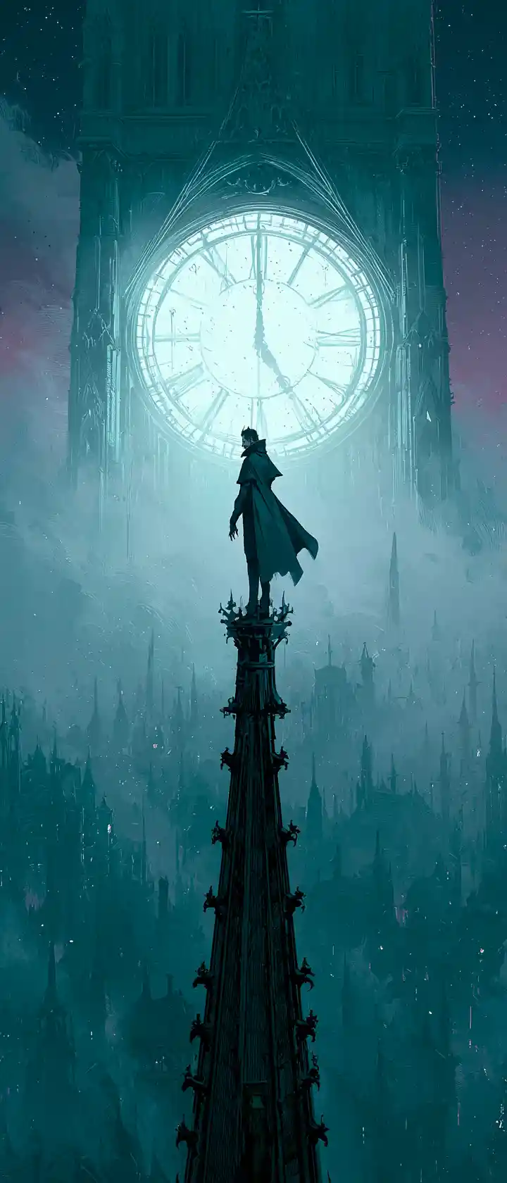 Vampire Overlooking Foggy Victorian City At Midnight