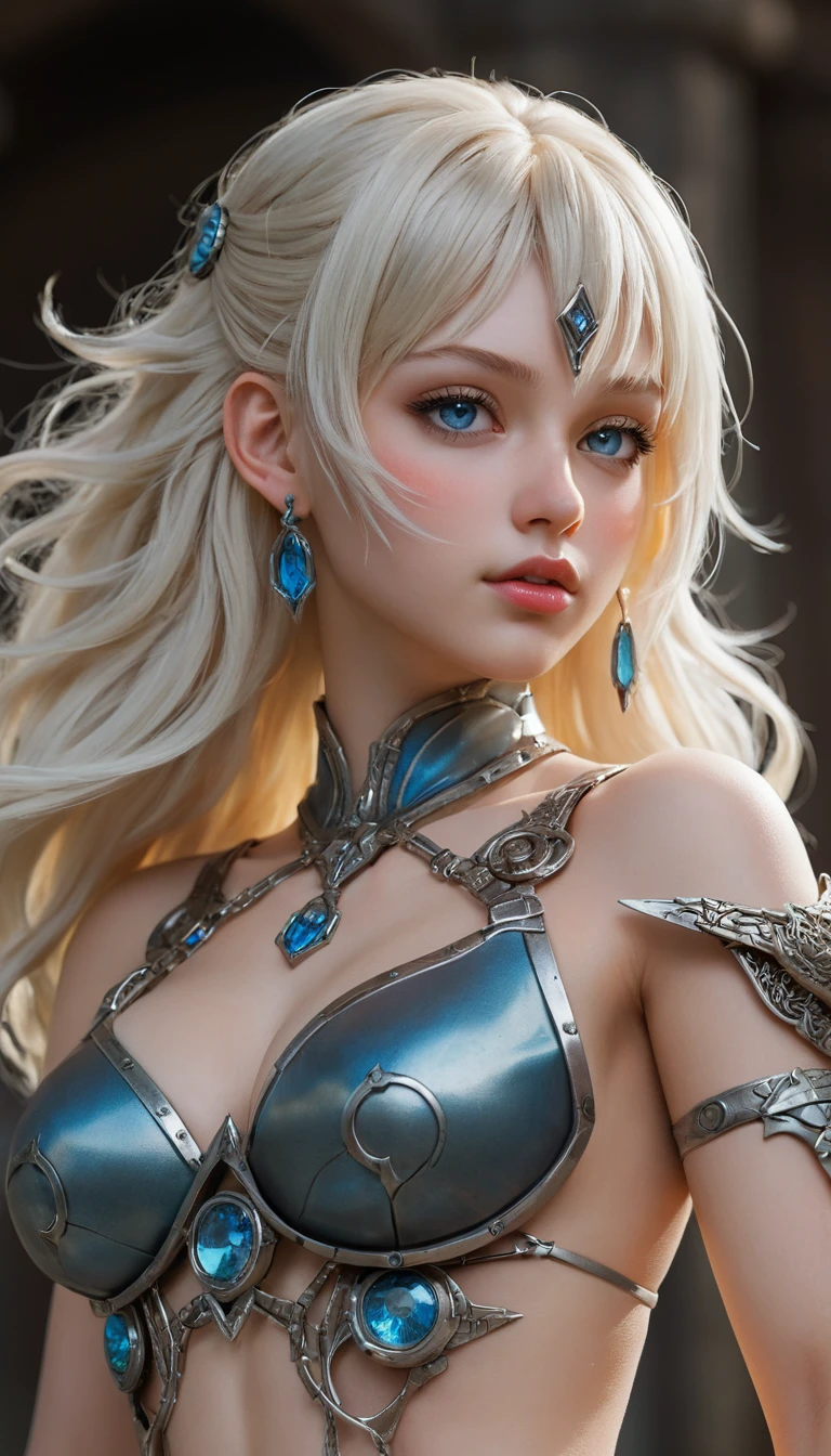 Tattooed anime heroine with blue eyes and platinum hair